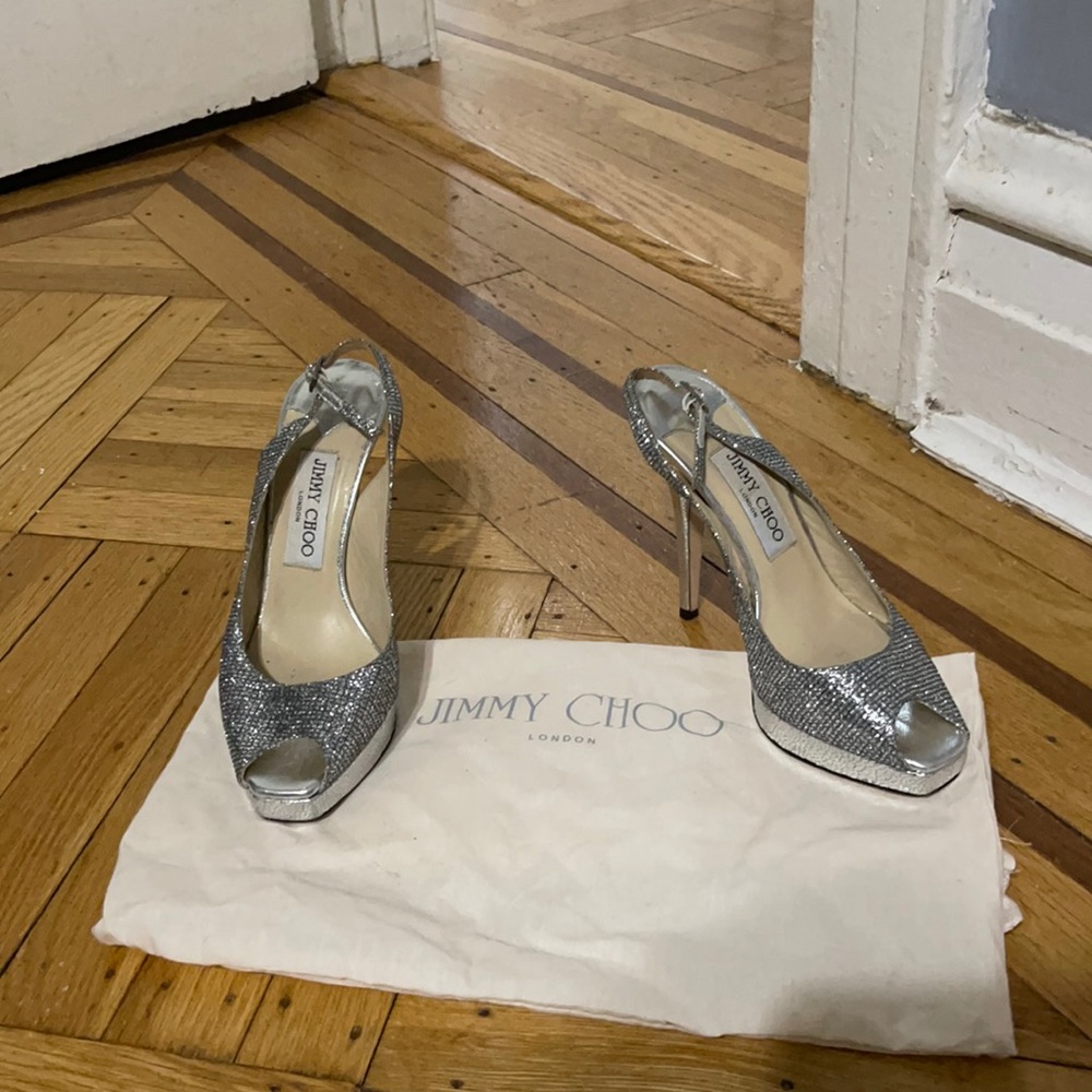 Silver glitter jimmy shoe open toe heels size 36/ 6